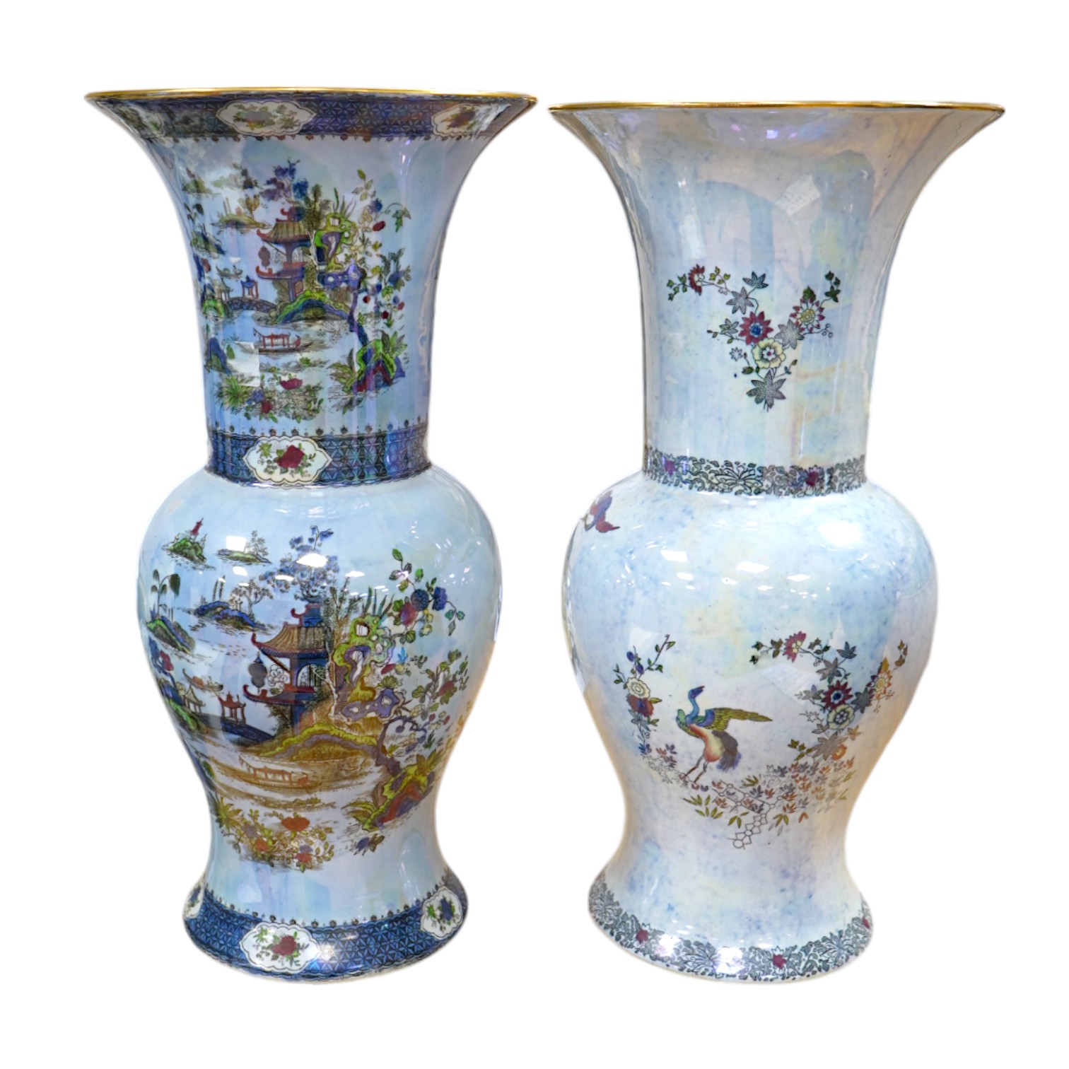 Two Wilton ware chinoiserie lustre vases by AC Harvey Jones, 45.5cm. Condition - good